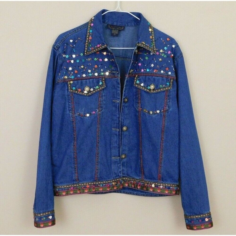 New Direction Womens Dark Wash Denim Jacket Bead Sequin Embellished Size Small‎